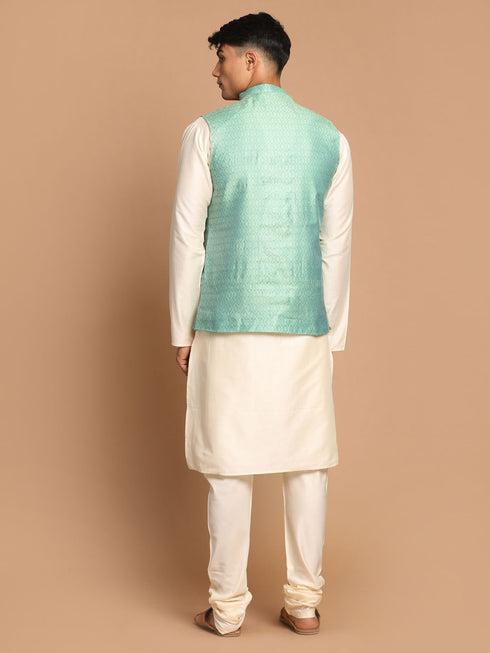 Men's Green Jacquard Nehru Jacket With Kurta Pyjama Set